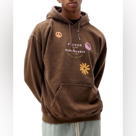Pacsun Mindfulness Everyday Only Human Knit Brown Drawstring Pullover Hoodie Lg - Picture 1 of 10